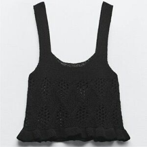 Zara Black Eyelet Knit Cropped Tank with Ruffle Hem